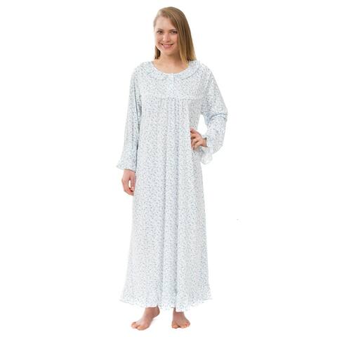 Women's Floral Knit Victorian Nightgown, Long Sleeved Blue Floral Nightgown