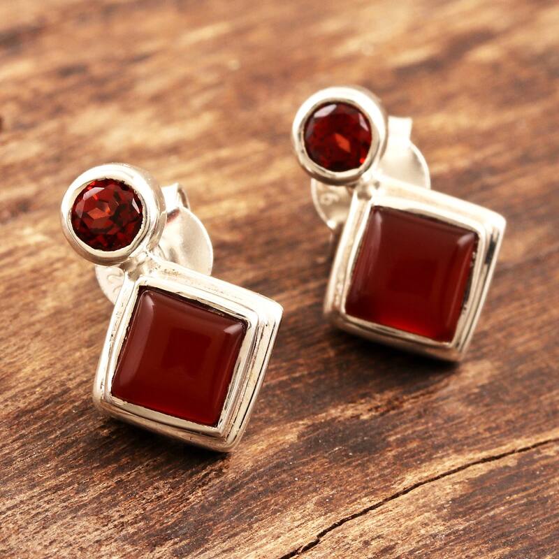 NOVICA Harmony in Red, Carnelian and garnet drop earrings - 0.6L*0.4w