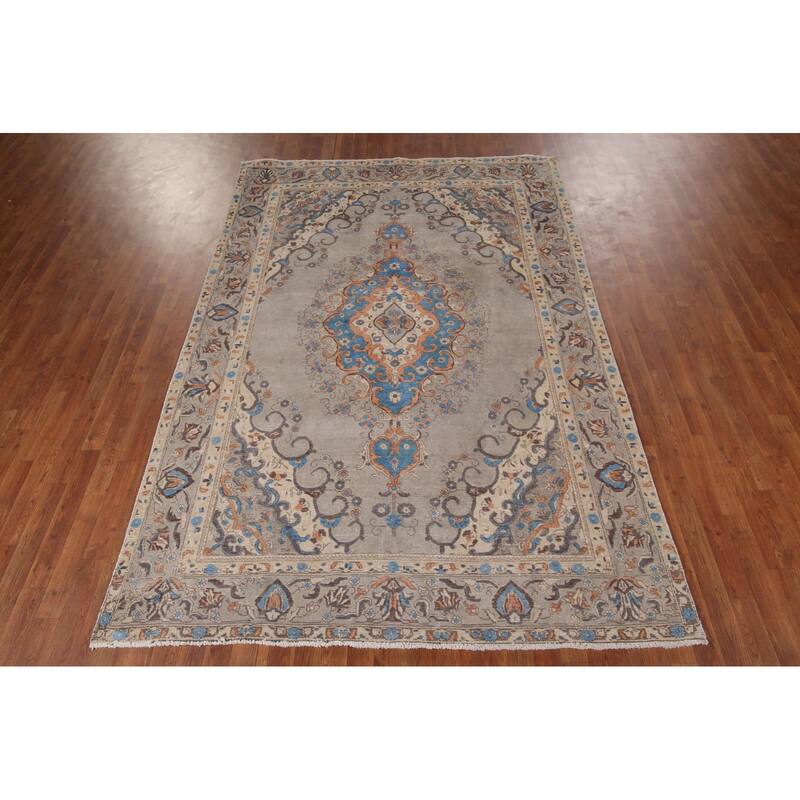 Distressed Tabriz Vintage Persian Rug Hand-Knotted Grey Wool Carpet - 6'6" x 9'7"