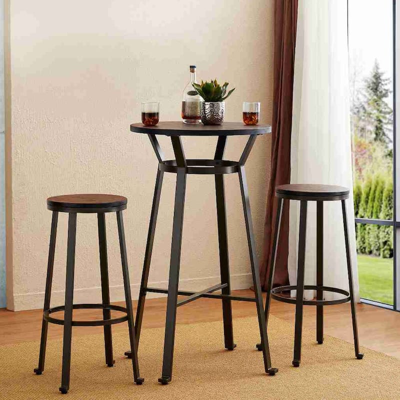 Glitzhome Farmhouse Elm Wood Top Steel Bar Stools Pub Table Set
