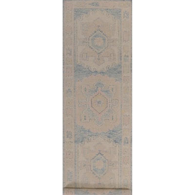 Hand Knotted Oriental 100% Wool Carpet Transitional Geometric Navy Blue & Blues Oushak Runner Rug - 16' 3'' X 3' 4''