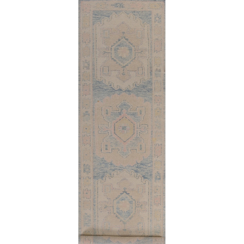 Hand Knotted Oriental 100% Wool Carpet Transitional Geometric Navy Blue & Blues Oushak Runner Rug - 16' 3'' X 3' 4''