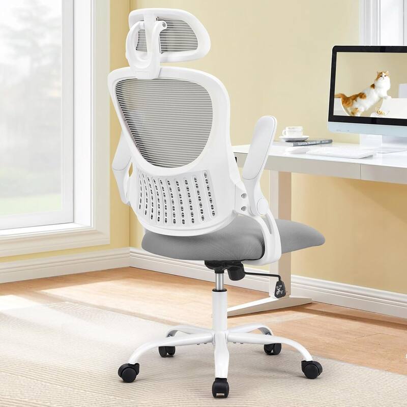 Office Computer Desk Chair, Ergonomic High-Back Mesh Rolling Work Chairs with Wheels &Adjustable Headrests, Comfy Flip-up Arms - Grey