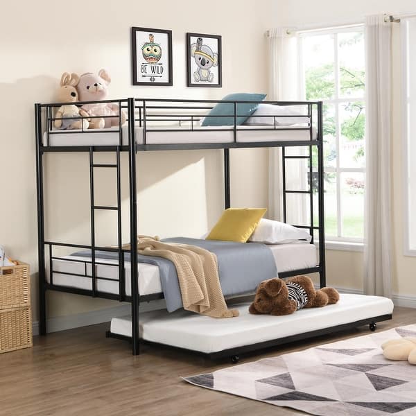slide 2 of 14, Black Twin over Twin Size Metal Bunk Bed with Trundle Black