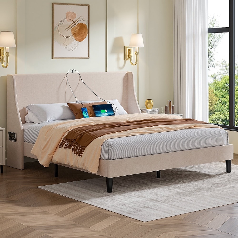VECELO Bed Frame with Upholstered Wingback Headboard Platform Bedframe with Charging Station & Side Pockets