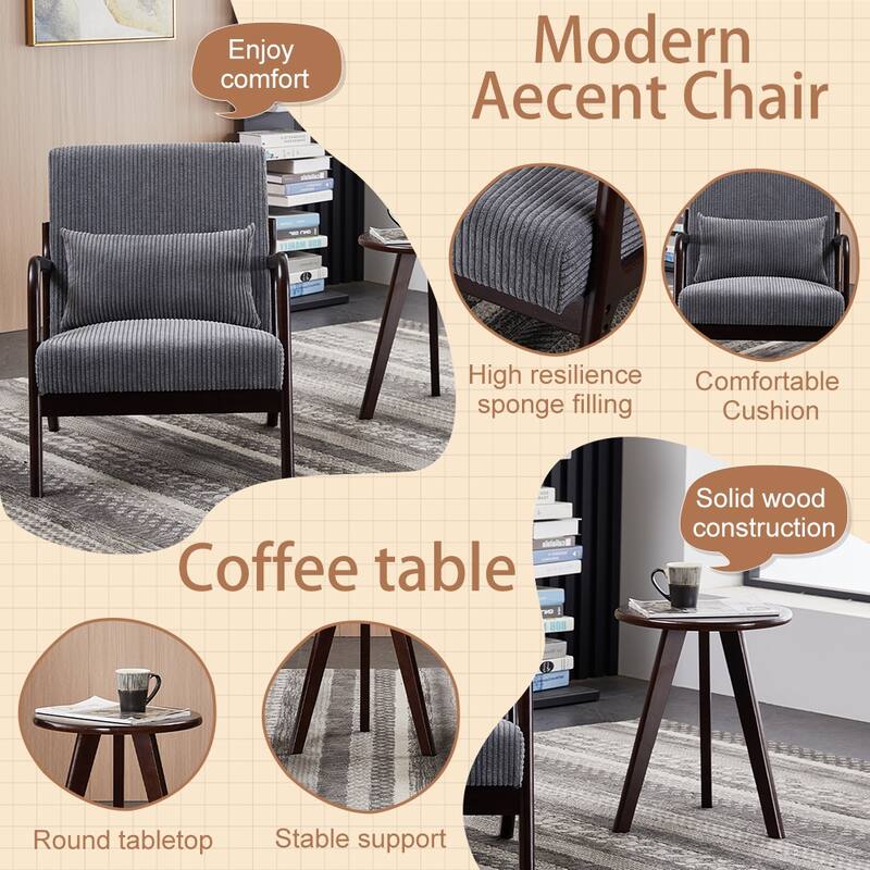 Anmytek Mid Century Modern Vintage Luxury Accent Chair and Coffee Table Set Leisure Living Room Bedroom Relaxation Furniture