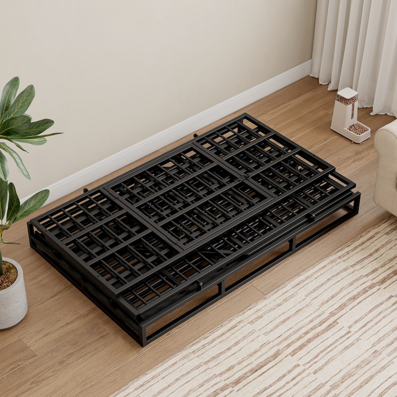 48 Inch Heavy Duty Dog Crate with Wheels, Folding Big Dog Cage for Large and Medium Dogs with a pointed roof and Removable Tray