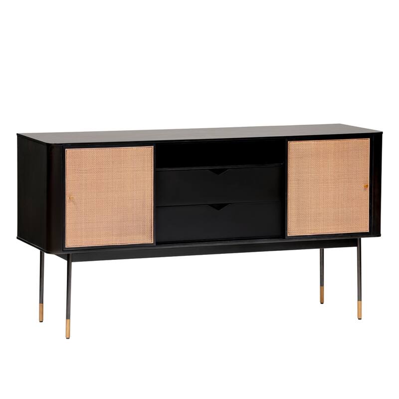 HomeRoots 59" Black And Natural Wood Two Drawer Sideboard with Two Sliding Doors - 59.06 in. x 31.89 in. x 18.51 in.