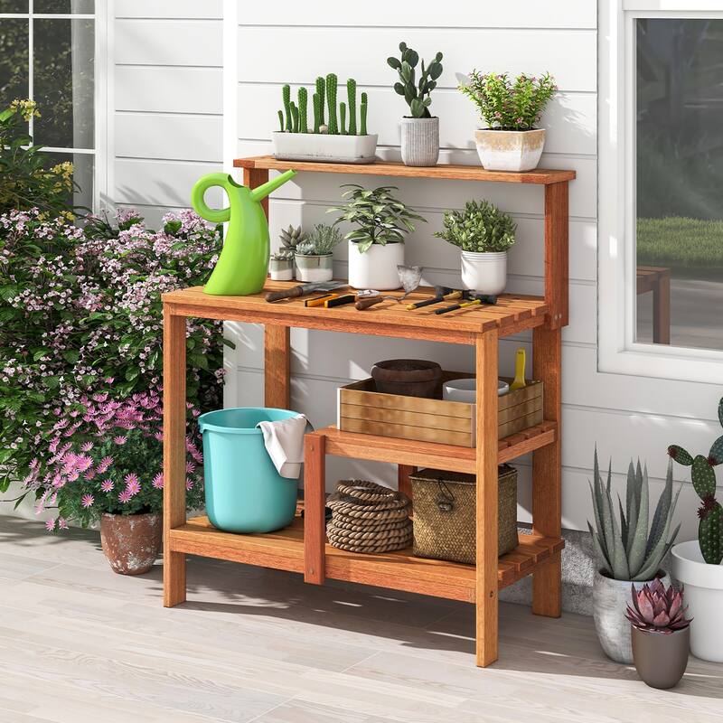 Gymax Outdoor Potting Bench Table w/Open Shelves Teak Oil Finish