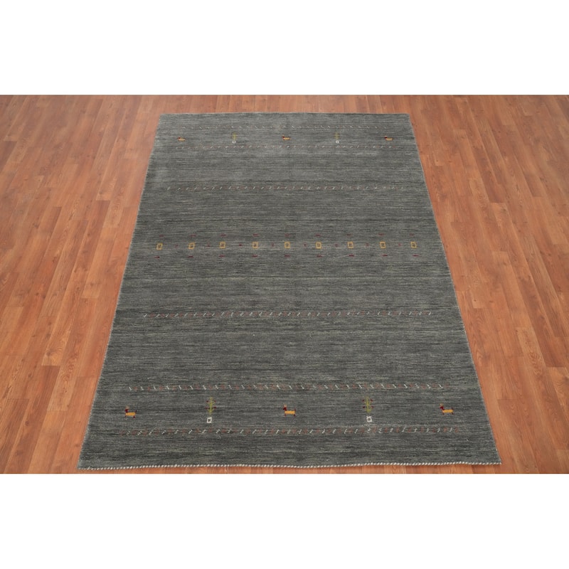 Hand Knotted Oriental 100% Wool Carpet Tribal Animal Pictorial Greys & Charcoal Gabbeh Area Rug - 7' 3'' X 5' 2''