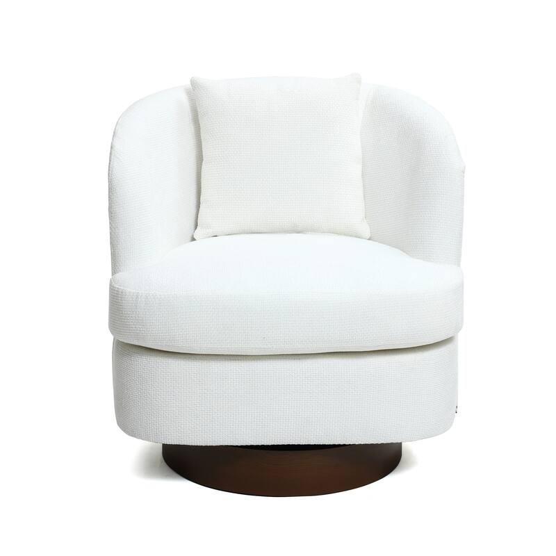 Upholstered White Woven Texture Club Swivel Chair with Dark Brown Base and Pillow