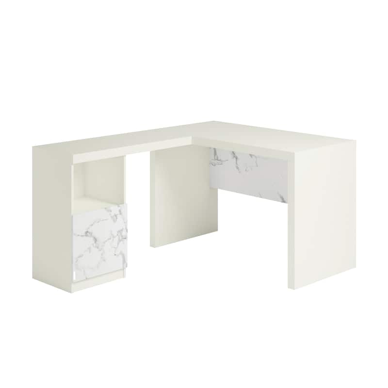 White L-Shaped Desk with File Drawer 59 Inch Marble Accent Home Office Workstation - White