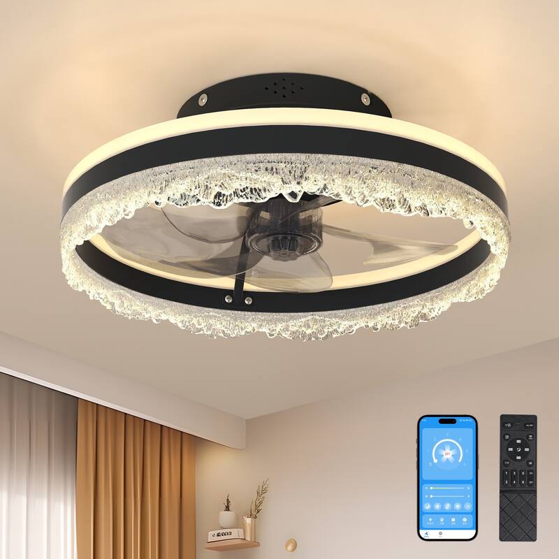 LunaDrift 16"20"24" Modern Black Crystal Smart Flush Mounted Ceiling Fan with Light, Dimmable Bedroom Ceiling Fan w/Remote - 16in.
