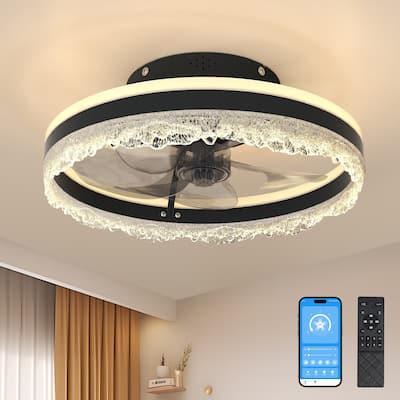 LunaDrift 16"20"24" Modern Black Crystal Smart Flush Mounted Ceiling Fan with Light, Dimmable Bedroom Ceiling Fan w/Remote