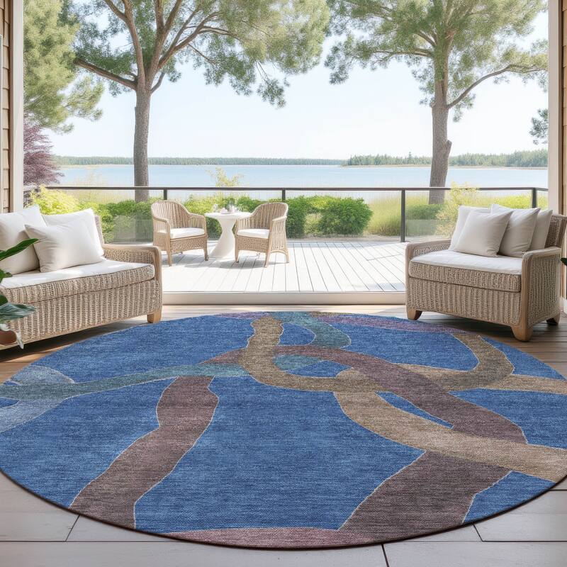 Machine Washable Indoor/ Outdoor Abstract Links Chantille Rug - Navy - 8' x 8'