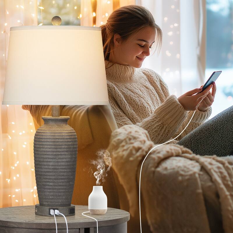 Grey Resin Pot-Vase Style Table Lamps (Set of 2) - 13'' x 13'' x 24.3'' (L x W x H)