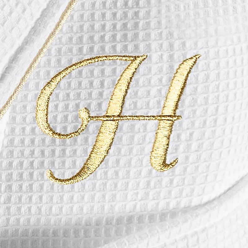 Authentic Hotel and Spa White/Gold Unisex Turkish Cotton Waffle Weave Terry Bath Robe with Gold Script Monogram