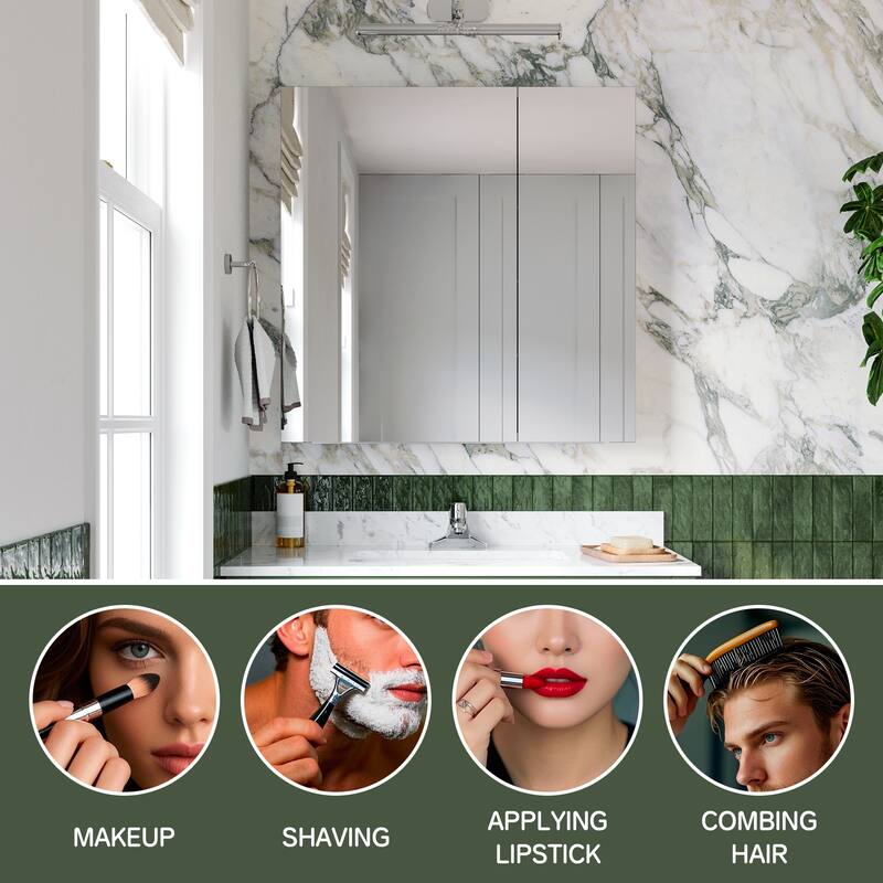 30x30 Mirrored Medicine Cabinet, Dual-Swing, Tri-View, Copper-Free, Blum Soft-Close, Recessed/Surface, Chrome Aluminum