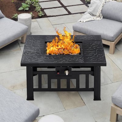 Steel Gas Propane Fire Pits with Lid and Lava Rock, 28 Inch Fire Table, 50,000 BTU Outdoor Fire Pit Table