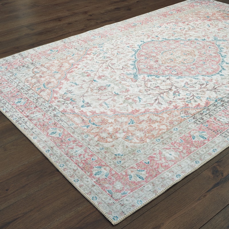 Vista Home Savannah Antiqued Medallion Ivory and Pink Area Rug