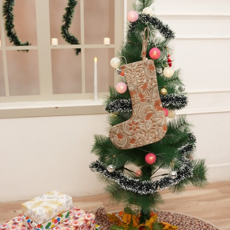 Fabdivine Hand Block Floral Print Christmas Knit Stockings, Home Decorative Gift Use - 16"X6.5"