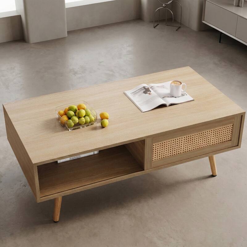 Anmytek Rattan Coffee Table with Storage Modern Walnut Living Room Centerpiece Organizer