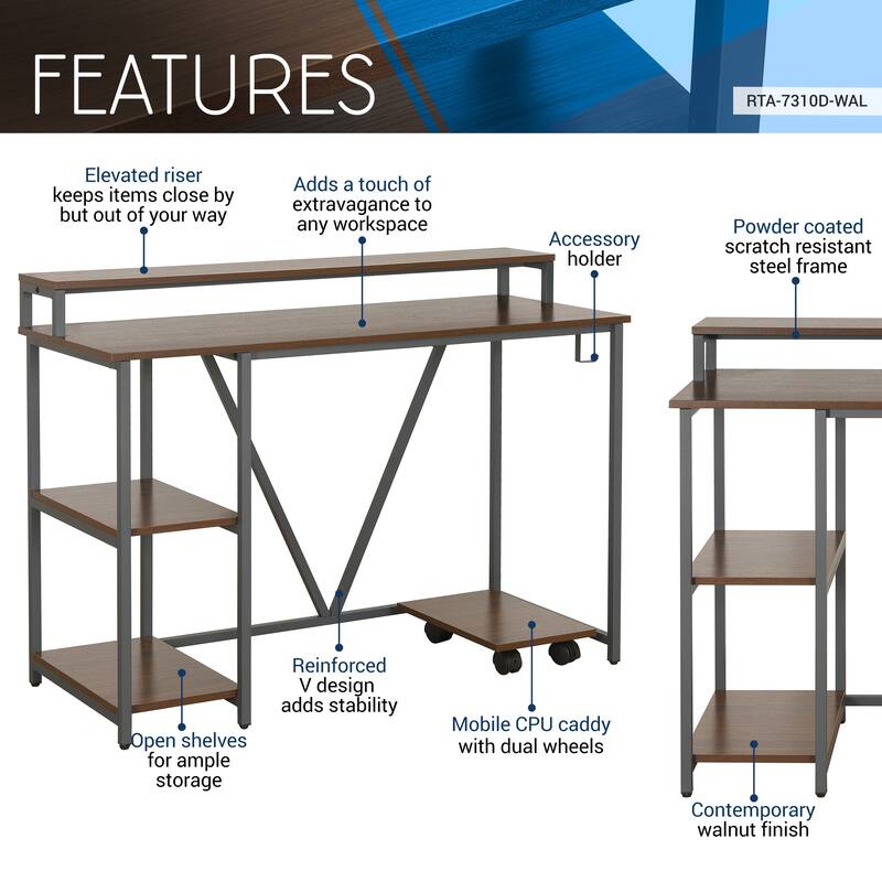 Modern Industrial Computer Desk with Two Open Shelves, Elevated Storage, and Accessory Holder for Home Office Organization