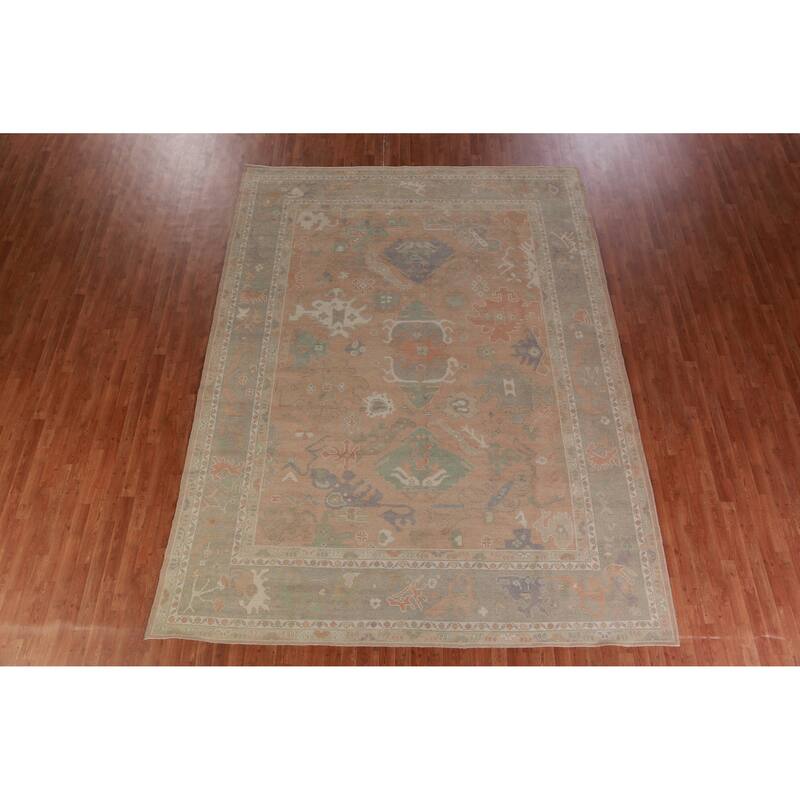 Hand Knotted Oriental 100% Wool Carpet Transitional All-Over Peach Oushak Area Rug - 12' 0'' X 9' 1''
