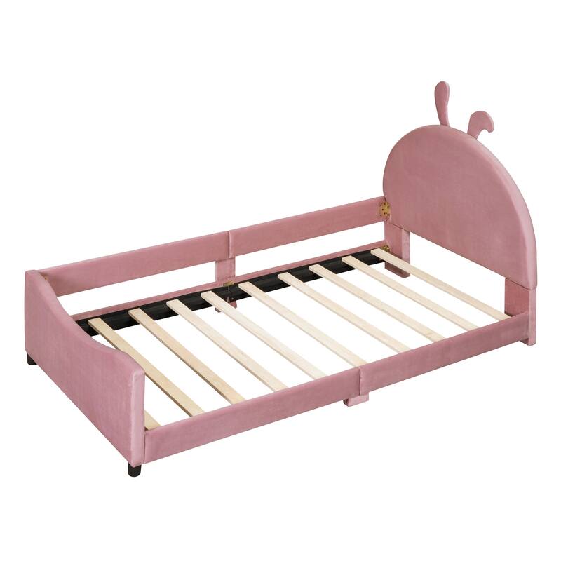 Pink Twin Upholstered Daybed with Rabbit Ear Headboard, Modern Design, Sturdy Pine Frame