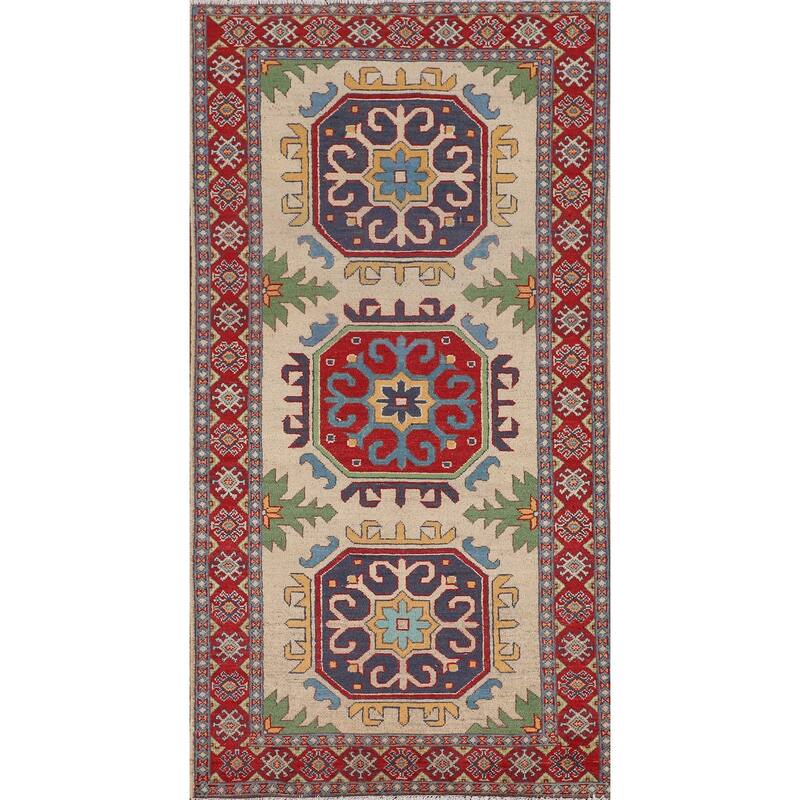 Beige Kazak Runner Rug Hand-Knotted Wool Carpet - 3'3" x 6'10"