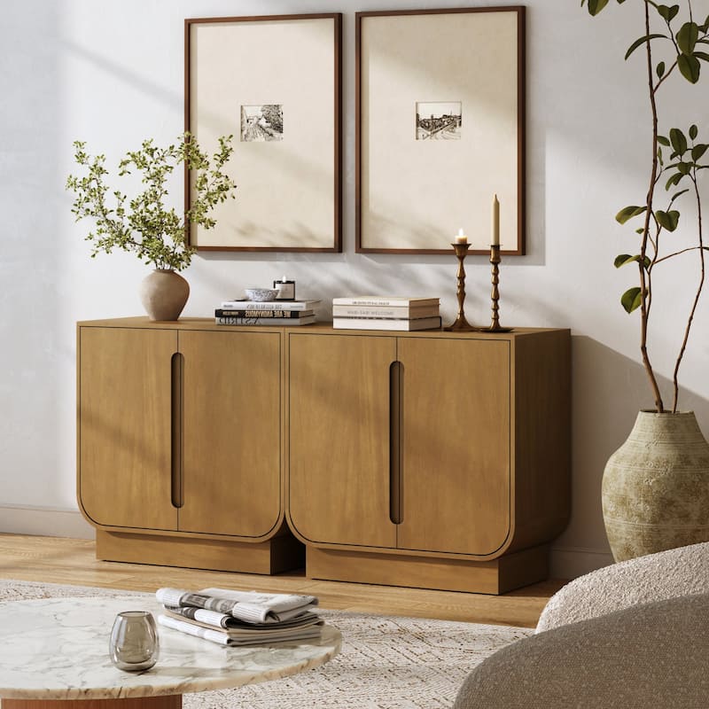 Joey Mid Century Modern Storage Cabinet, Arched Accent Cabinet with Rounded Bottom Edges and Integrated Door Pull Cutouts