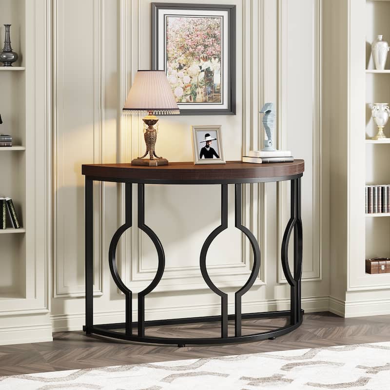 43" Half Moon Console Table for Entryway, Industrial Semi Circle Sofa Table with Geometric Base
