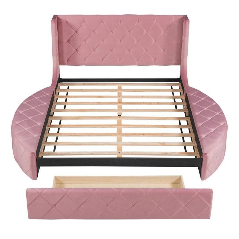Queen Upholstered Platform Bed with 1 Drawer,2 Side Storage Stool