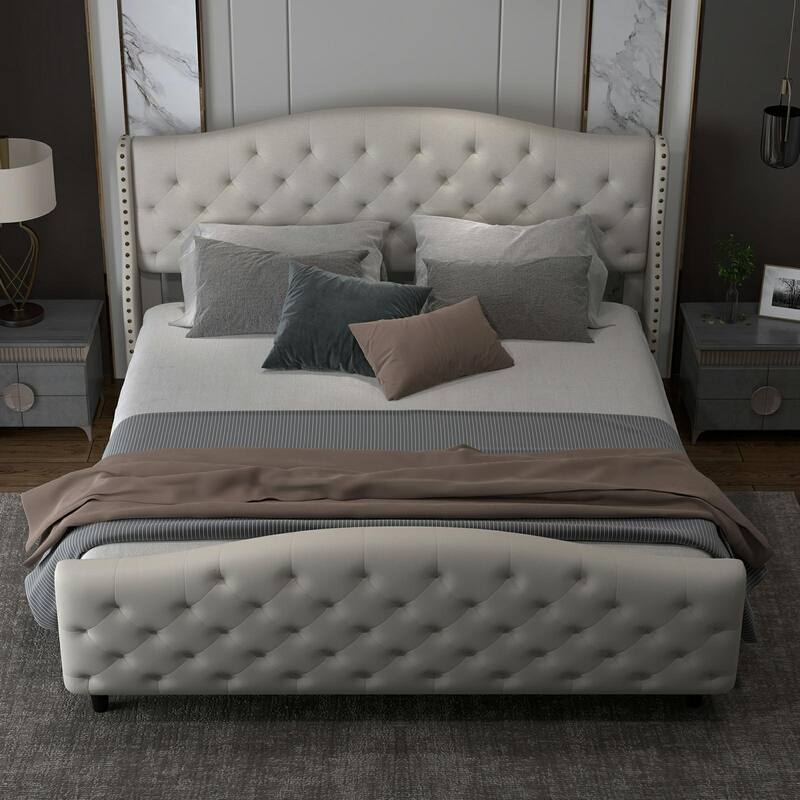 Velvet Upholstered Bed Frame with Headboard and Footboard