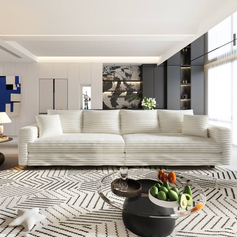 102.4 " Corduroy Modular Sofa, Modern Upholstered Sofa Cloud Couch, Deep Seat Couches w/ Pillows, Movable Ottoman for Apartment