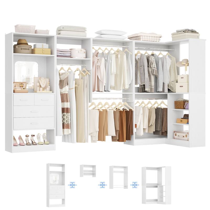 Set of 4/ 5 Modular Closet System with Drawers and Mirror, Corner Closet Organizer with Hanging Rods and Shelves