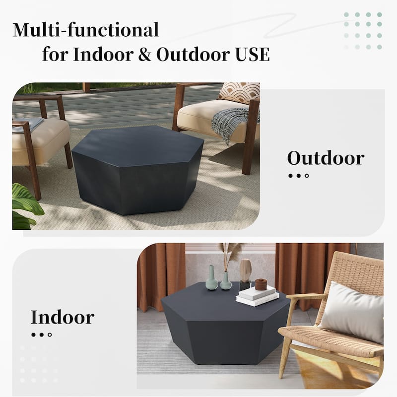 35-Inch Outdoor Side Table, Magnesium Oxide Hexagonal Coffee Table with Rain Cover