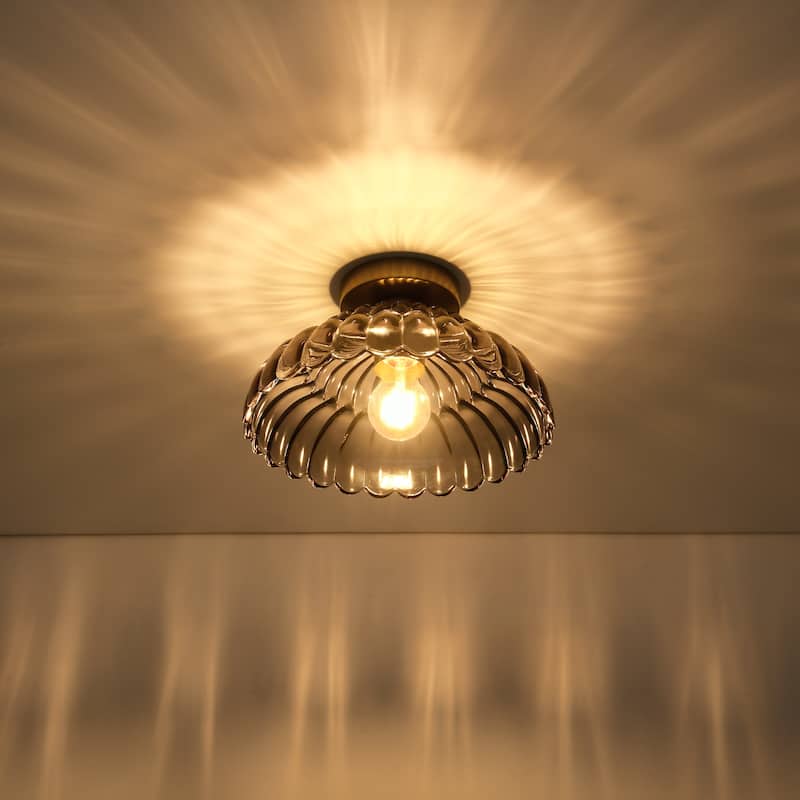 1-Light Vintage Brass Finish Metal Semi-Flush Mount Ceiling Light with Amber/Green/Grey/Clear Glass Shade for Kitchen, Hallway