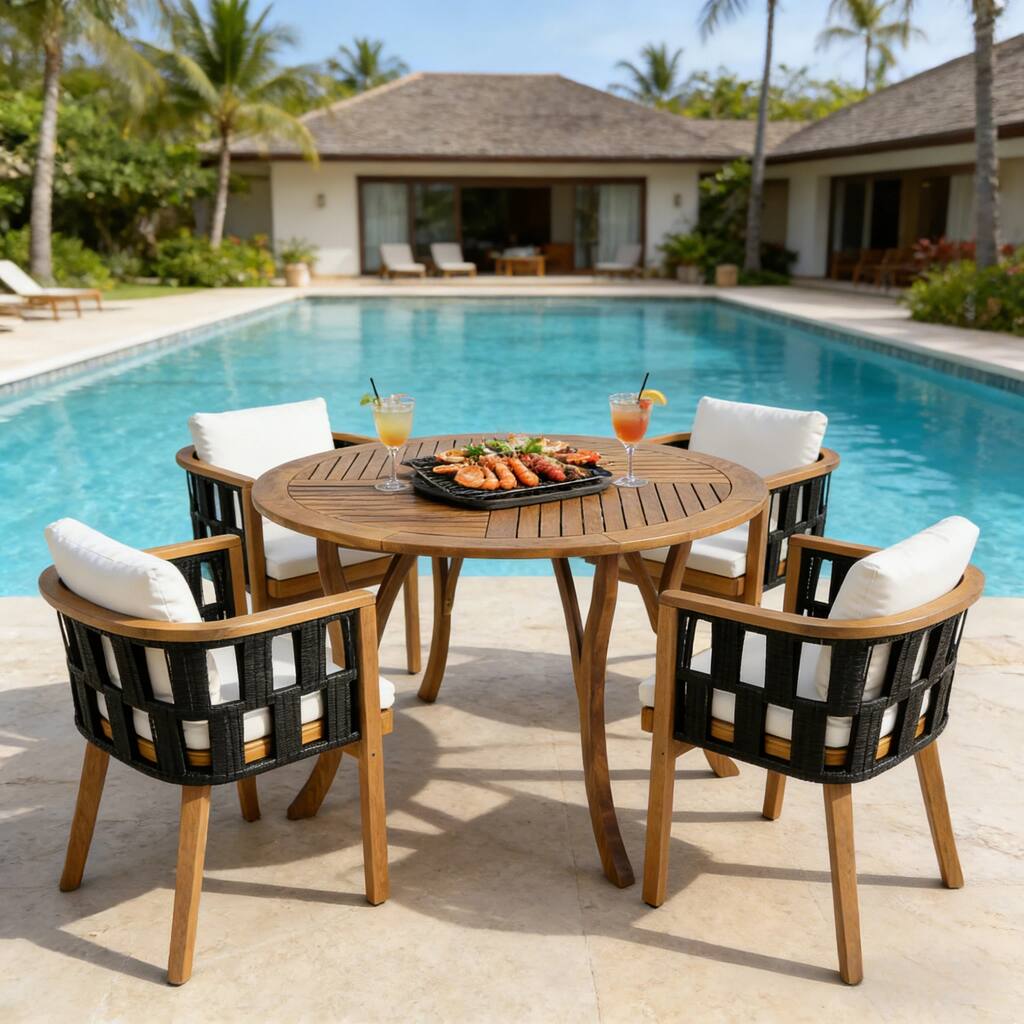 Christopher Knight Home - Modern 5-Piece Outdoor Patio Dining Set with Woven Rope Acacia Chairs and Curved Leg Dining Table