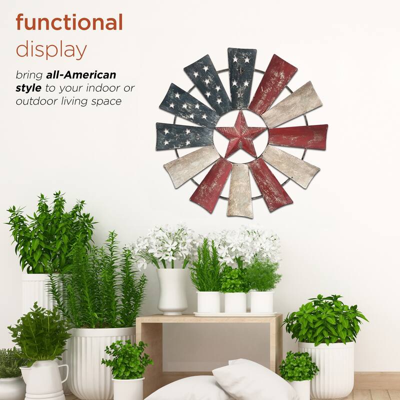 Alpine Corporation 21" Tall Indoor/Outdoor Patriotic Windmill Wall Art Decor