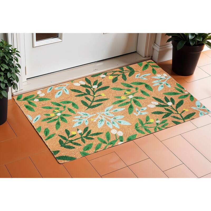 HomeRoots 24" X 36" Natural And Green Botanical Leaves Outdoor Coir Door Mat - 24' X '36 - 24' X '36
