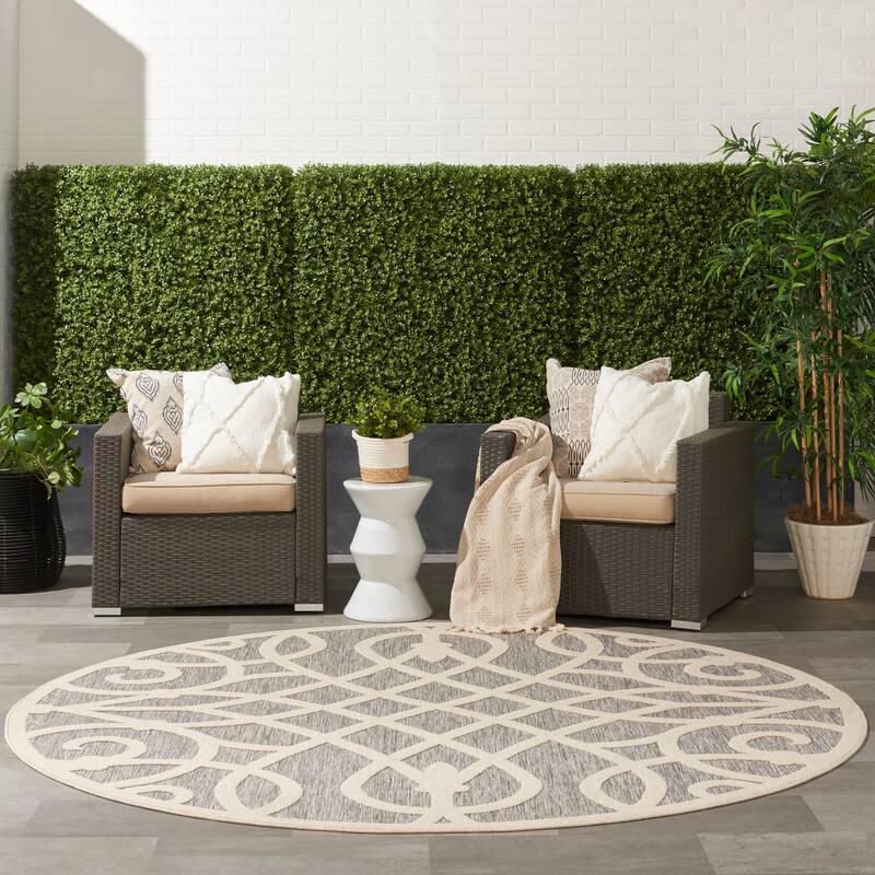 Nourison Palamos Geometric Scroll Indoor Outdoor Area Rug - 7'10" Round - Grey