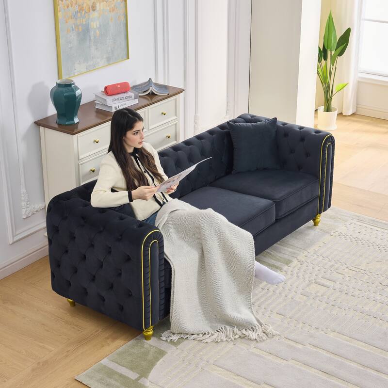 Roomfitters 63" Modern Upholstered Chesterfield Loveseat with Gold Trim, Button Back 2-Seater Couch for Small Spaces