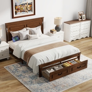 Platform Bed Walnut Back Rests Walnut Queen Size Platform Bed with Headboard & Footboard for Bedroom ...