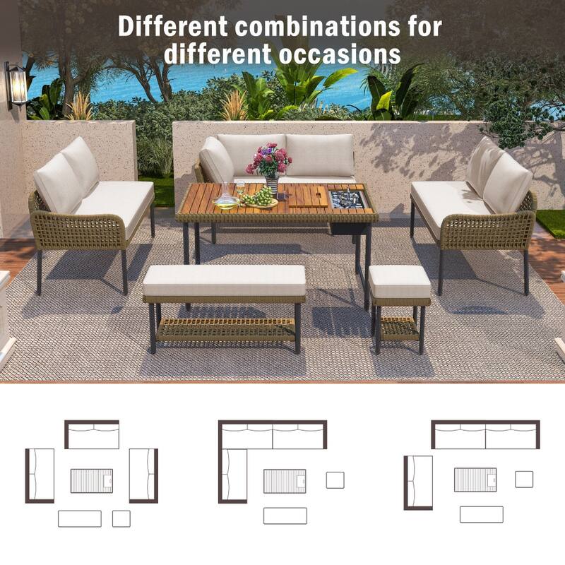 6-Pieces Wicker Outdoor Sectional Set with Wood Table Ice Box and Cushions