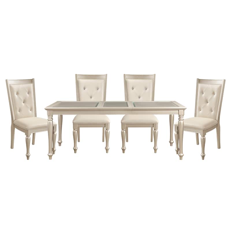 Traditional Design Silver Finish Dining Table 1pc Extension Leaf Glass Insert Top Formal Dining Room Furniture
