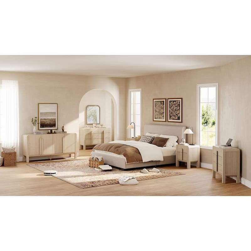 5 Pcs Wood Dresser and Nightstand Sets for Bedroom，Mid-Century Modern Bedroom Set with Curved Profile Design