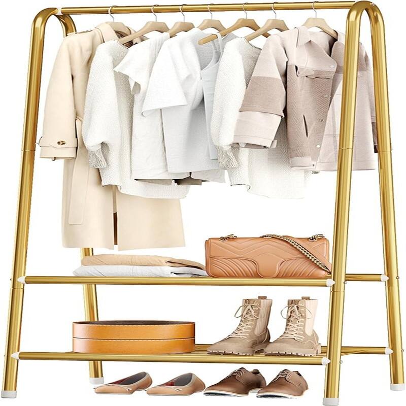 Metal Clothing Coat Rail with Double Layer Shelf for Storing Clothes - 13.8"D x 24.4"W x 62"H