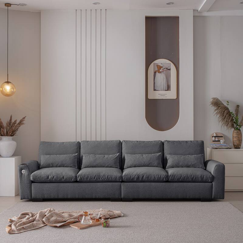 114.5" Modern Modular L Shaped Chenille Sofa with Reversible Ottoman, Storage, USB Ports & Cup Holder in Dark Grey