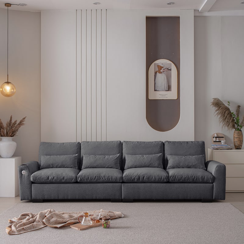 L-Shaped Chenille Oversized Sofa with Reversible Ottoman and USB Ports